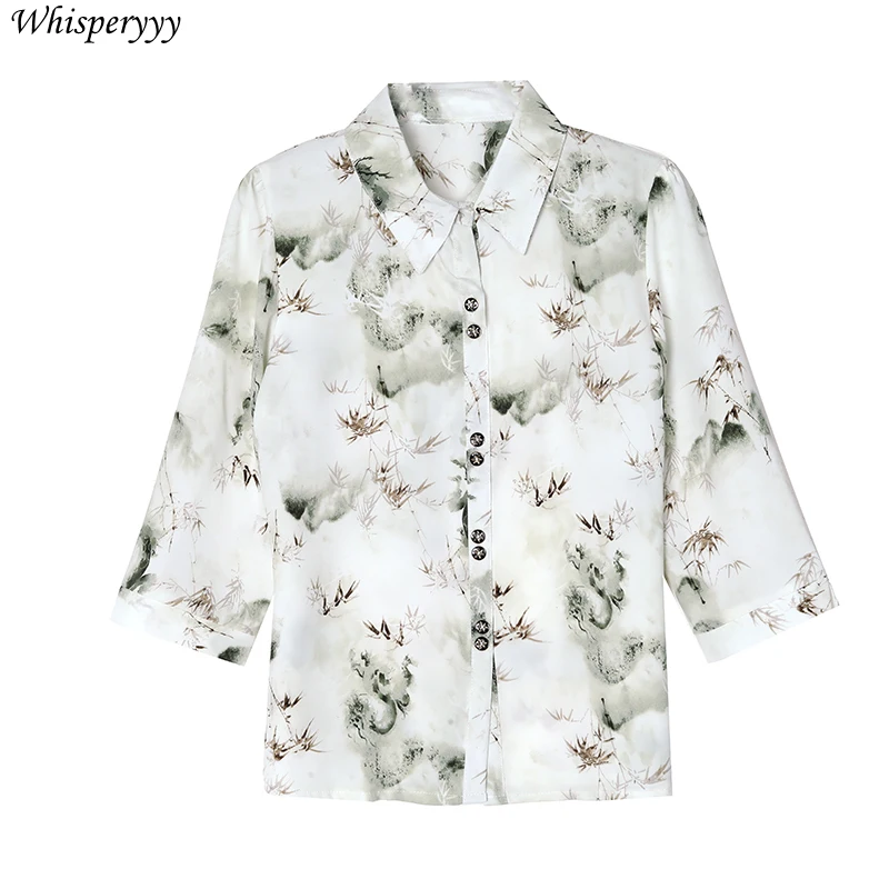 Fashion Chiffon Shirt Women Thin Loose Three Quarter Sleeve Printed Tops Casual Single-breasted Turn-down Collar Blouse Femme