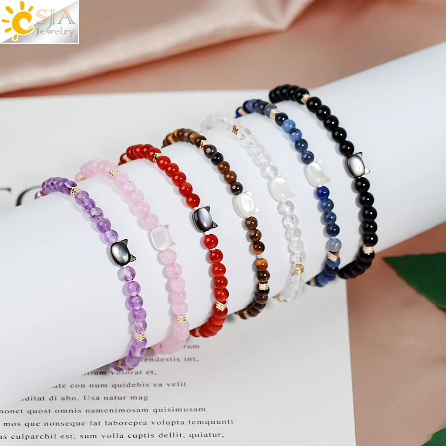 CSJA Mini Natural Stone Beaded Bracelet Cute Cat Charm 7 Chakra Crystal Stretch Bangle Yoga Energy Bracelets Jewelry H396