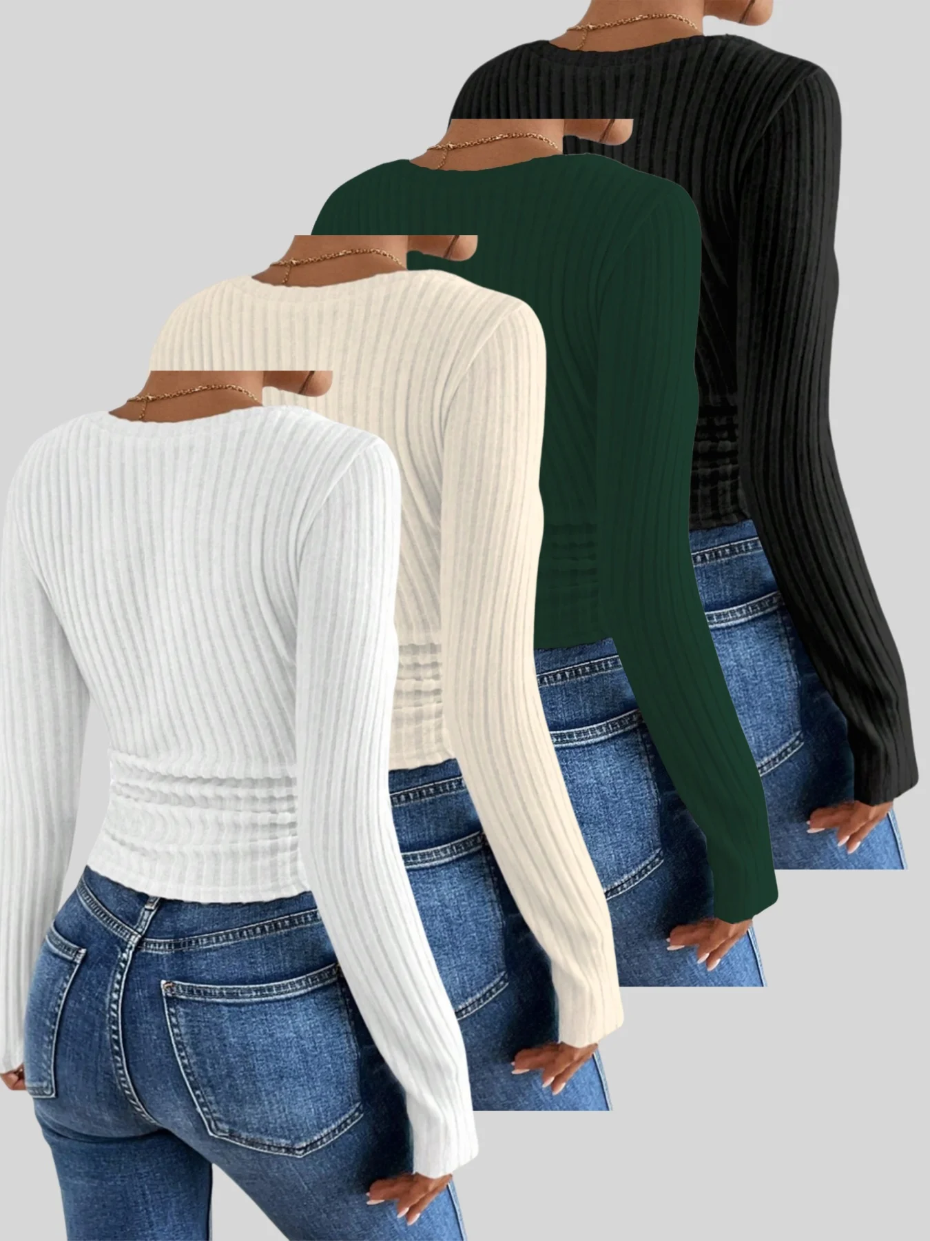 4 Pack Women V Neck Ribbed Knit Flare Long Sleeve Top Slim Fit Crop Tee Y2K Sexy Casual Commute Basic Shirt