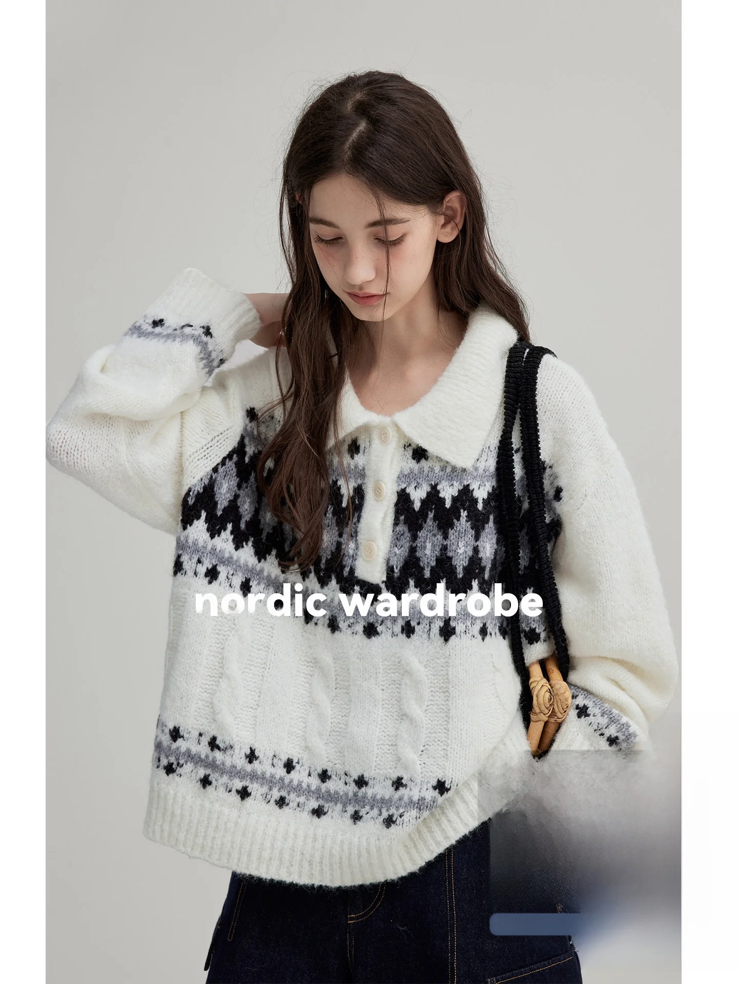 

Icelandic Memory Vintage Wool Blend Furry Feeling Color Block Lazy Neck Fair Isle Sweater Women's Loose Fit Commute Style