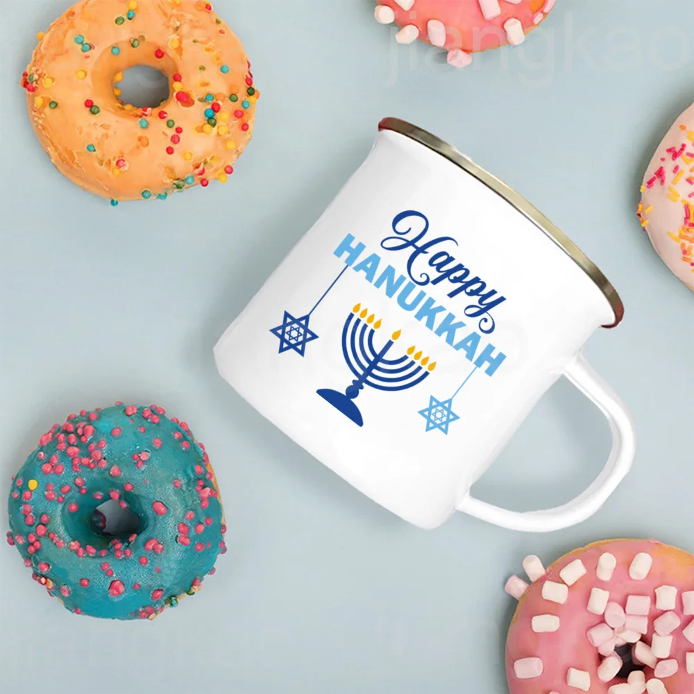 Happy Hanukkah Print Enamel Mugs Coffee Cups Jewish Holiday Party Wine Juice Mug Handle Camping Cup Gift for Family Friends Kids