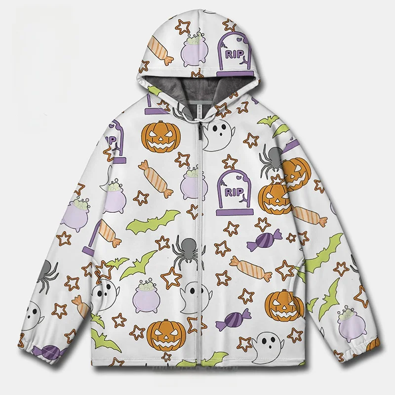 Cartoon Halloween Par Fiti Pompoen Hoofd Ghost Eenvoudig Open Vest Sweatshirt Ex Streetwear Casual Lange Sve Hoodie