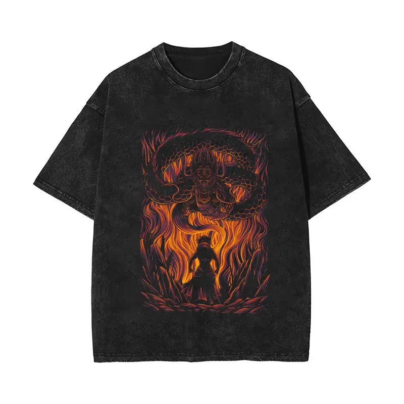 

Anime Style Tee 2025 Black Cotton T-shirt Red Dragon White Smoke Warrior Vintage Wash Distressed Oversized Streetwear Fashion