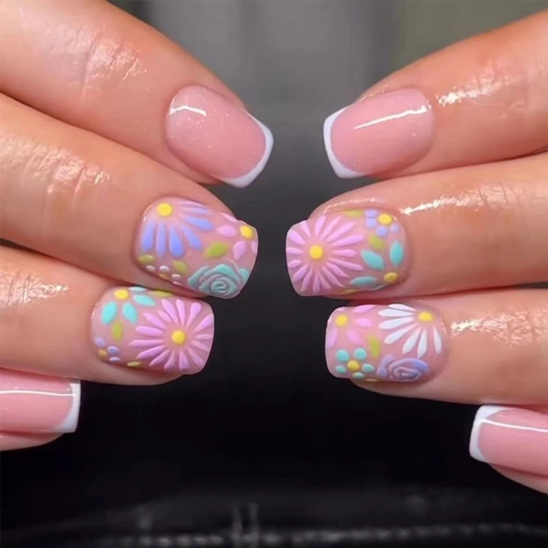 24 Uds uñas postizas cubierta completa uñas postizas elegante brillo francés uñas cortas ataúd Envío Directo