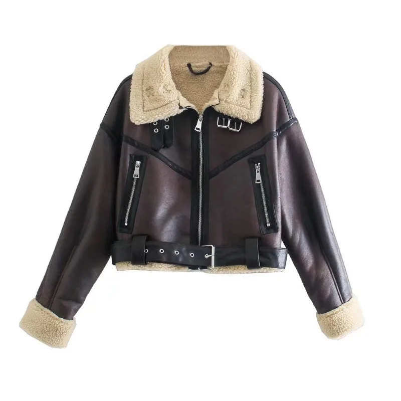 New Spring Autumn Women Jacket Vintage Short Styles Loose Lapels with Belt Faux Leather Jacket Streetwear Female Coat Outwear