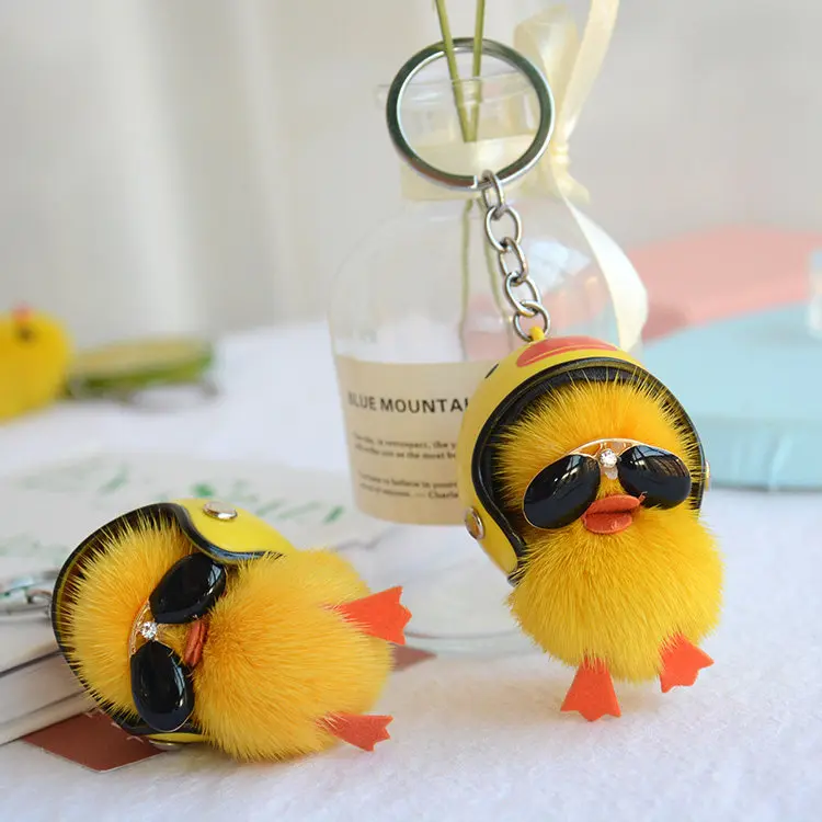 2 Pieces Mini Duckling Pendant Real Mink Fur Yellow Duck Plush Keychain Cute Mobile Phone Bag Decorations Accessory