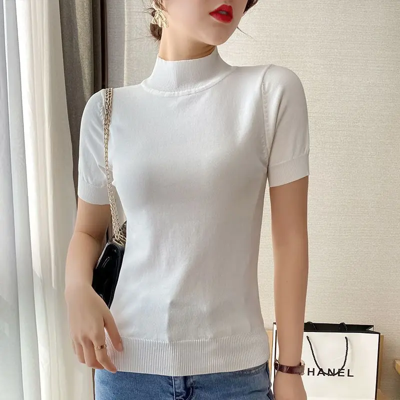 Korean Spring Summer New Half High Neck Slim Fit Versatile Short Sleeve Knitwear Women Solid Patchwork Screw Thread Pullover Top