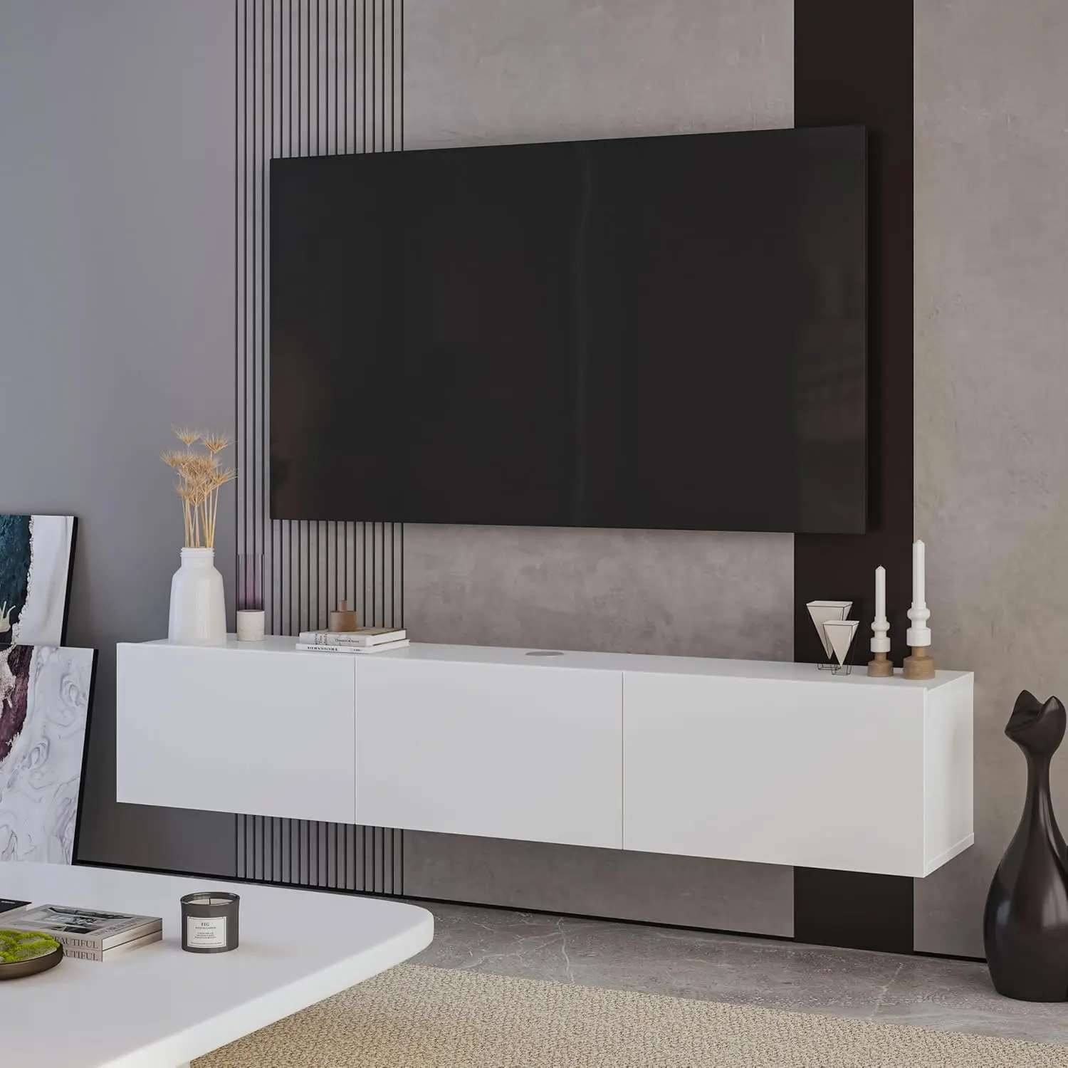 White Floating TV Stand Entertainment Center Media Console Living Room 65", Customized