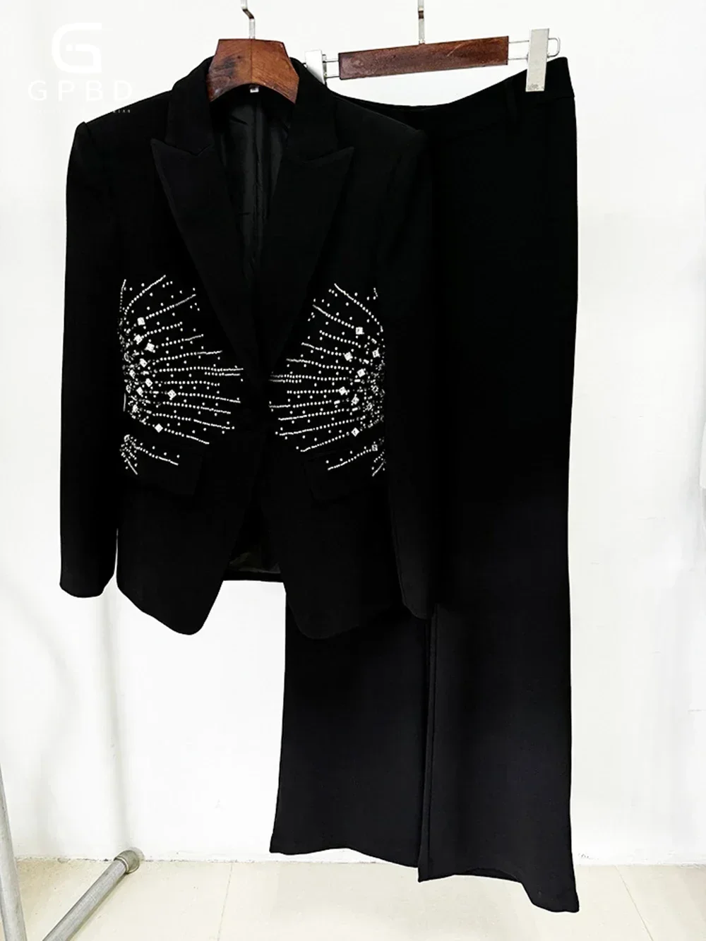 Black Blazer Pantsuits Two Piece Set Fashion Diamonds Women Single Buckle Blazer + Pants Formal Suit Outfit