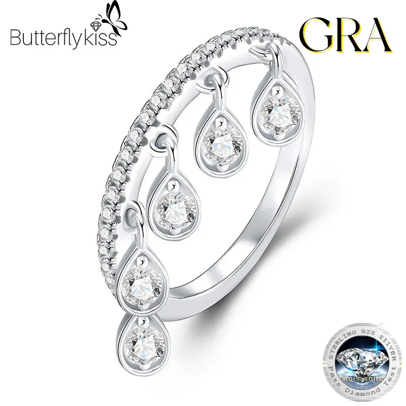 

Butterflykiss Silver 925 Fashion Trendy Luxury Classic Design Moissanite Tassel Waterdrop Ring For Charm Women Wedding Jewelry