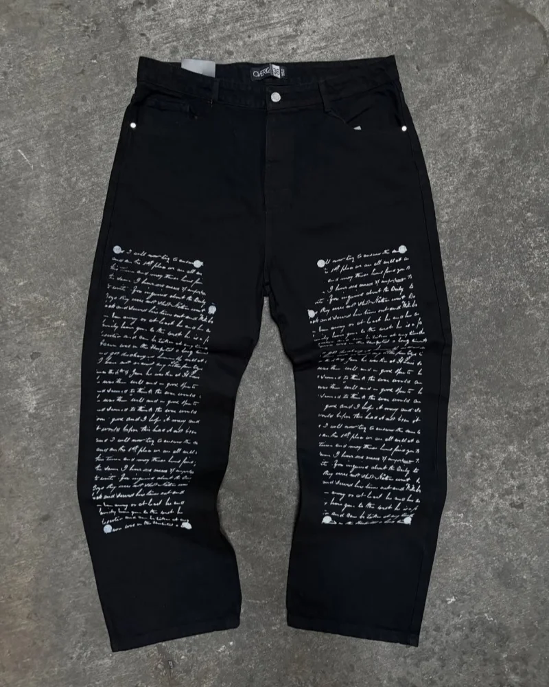 

Y2K Vintage Harajuku Black Printed Wide Leg Jeans Streetwear Retro Loose Fit Casual Unisex Goth Punk Denim Trousers Street Pants