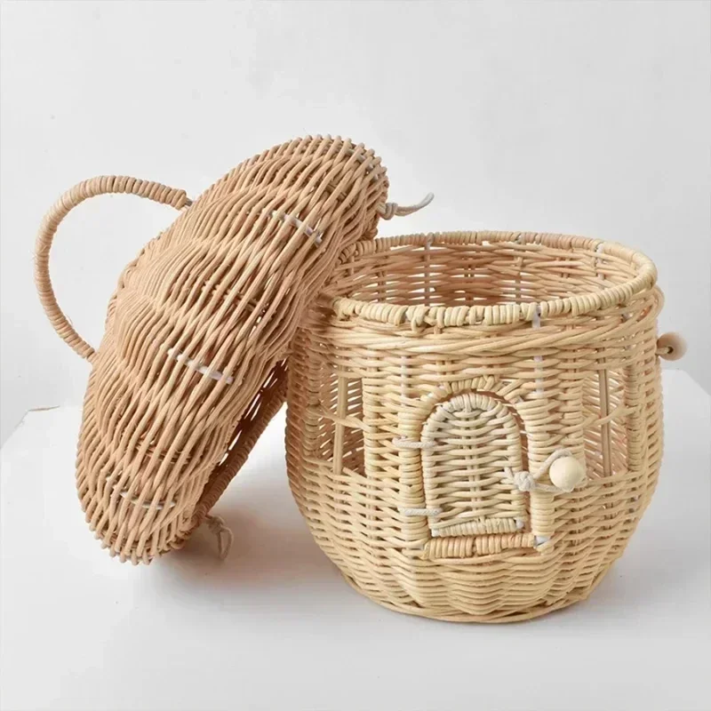 Handmade Mushroom Basket Bag Decorative Rattan Woven Baskets Straw Storage Box Vacation Picnic Basket Kid Toy Sundries Organizer