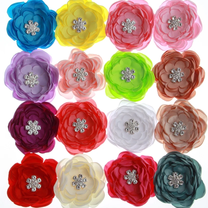 

60PCS 9.5CM Soft Fabric Satin Hair Flowers With Rhinestone Embellishment For Headbands Chiffon Burn Fabric Flower For Hair Wear