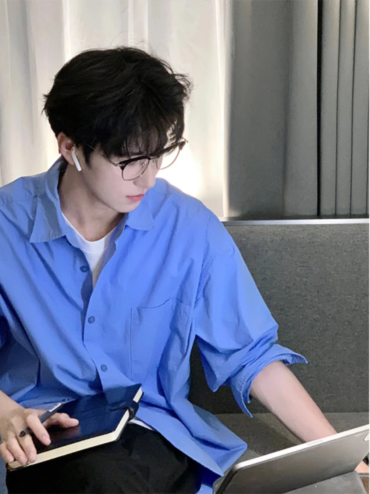 

Blue Long Sve Men's irt Outerwear Summer Sun Protection Ice Silk High-End Feeling Boys' Faion Outerwear Coat