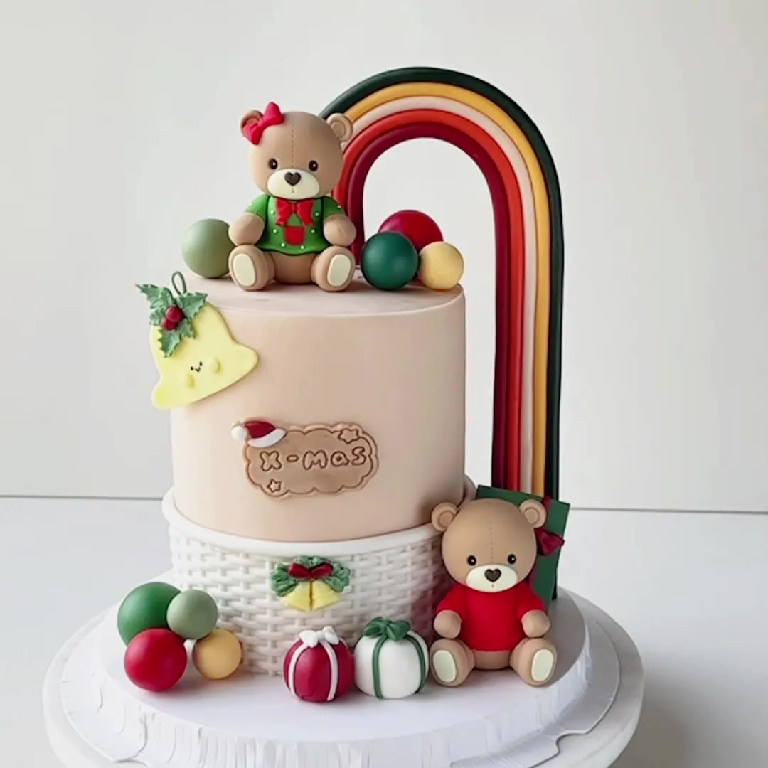 Adorno para tarta de Navidad, suéter rojo, camisa verde, adornos de muñeco de oso, caja de regalo de arco iris para decoraciones de pasteles de fiesta navideña