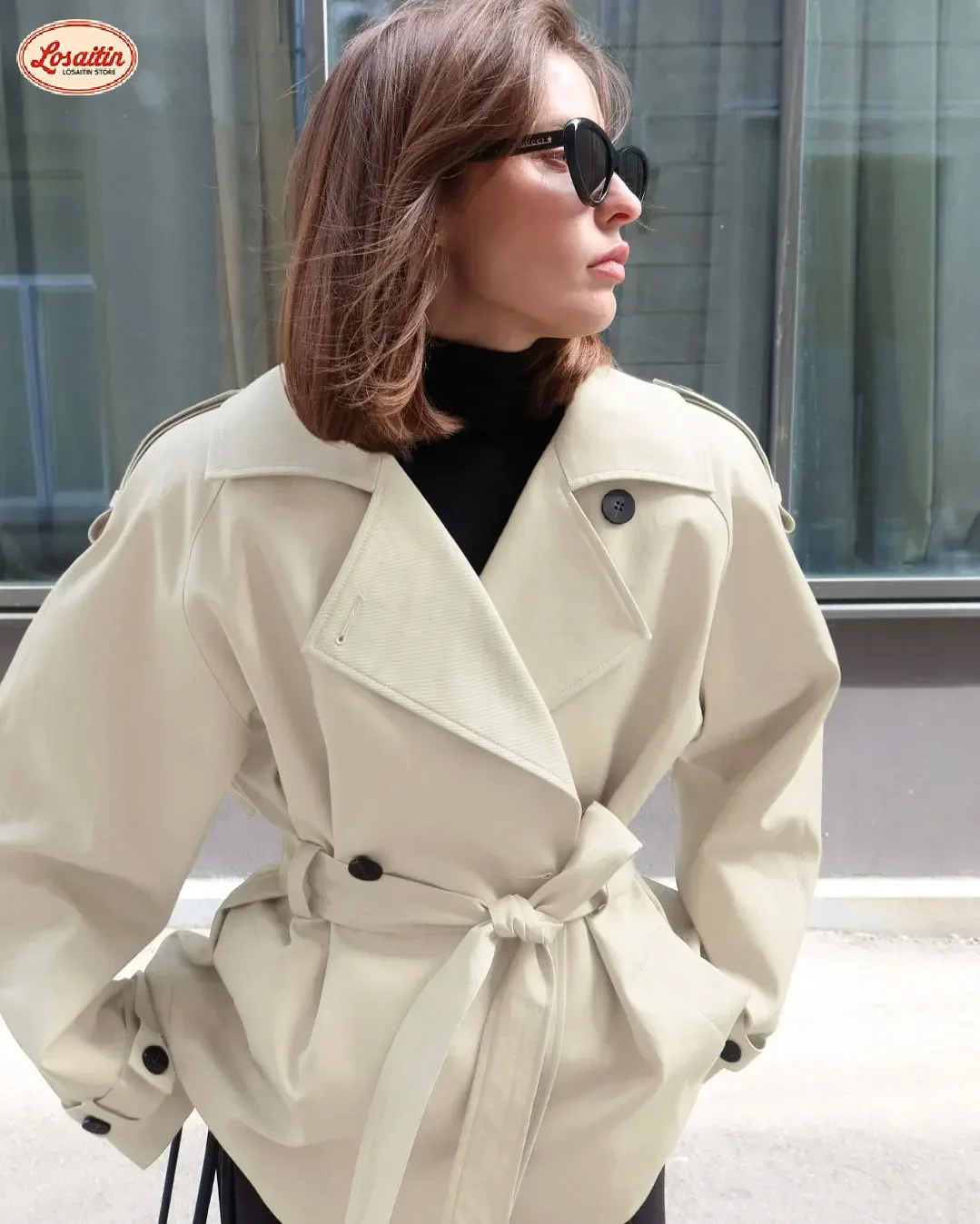 

Women Solid Lapel Single Breast Short Jacket Long Sleeve Belt Button Lace Up Cropped Trench Coat Lady Casual New Fall Daily Wear