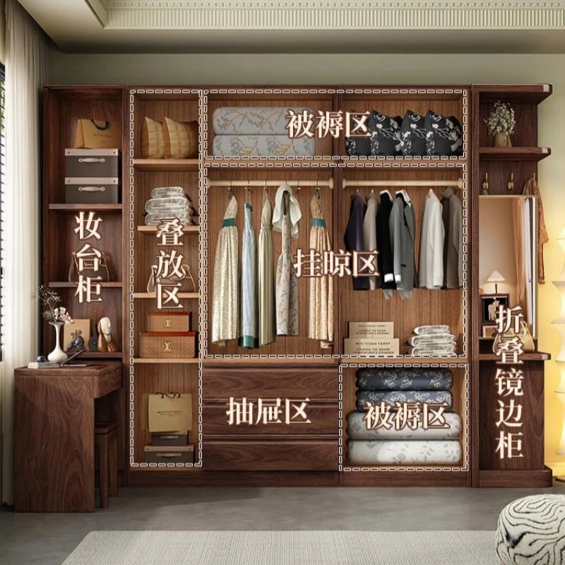 Multi Door Closet Wardrobe Open Corner Makeup Table Combination With Open Shelves Wardrobe Large Capacity Wood Closet Furniture