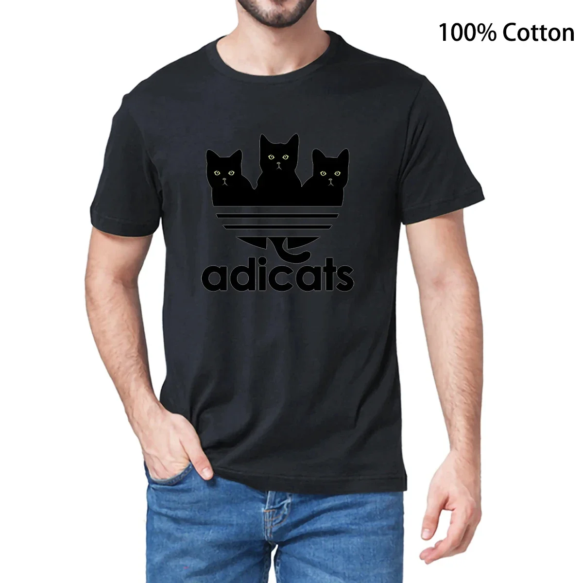 Unisex 100% Cotton Kawaii Cartoon Funny Black Cat Cat Lover Fashion Style Men\'s Novelty T-Shirt Women Casual Harajuku Tee Gift