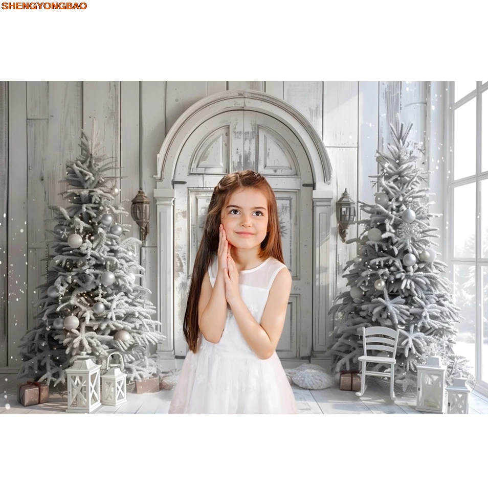 Weihnachten Fotografie Hintergrund Weihnachtsbaum weiß Vintage Wand Holz Tür Innen Baby Portrait Familie Party Foto Hintergrund Dekor