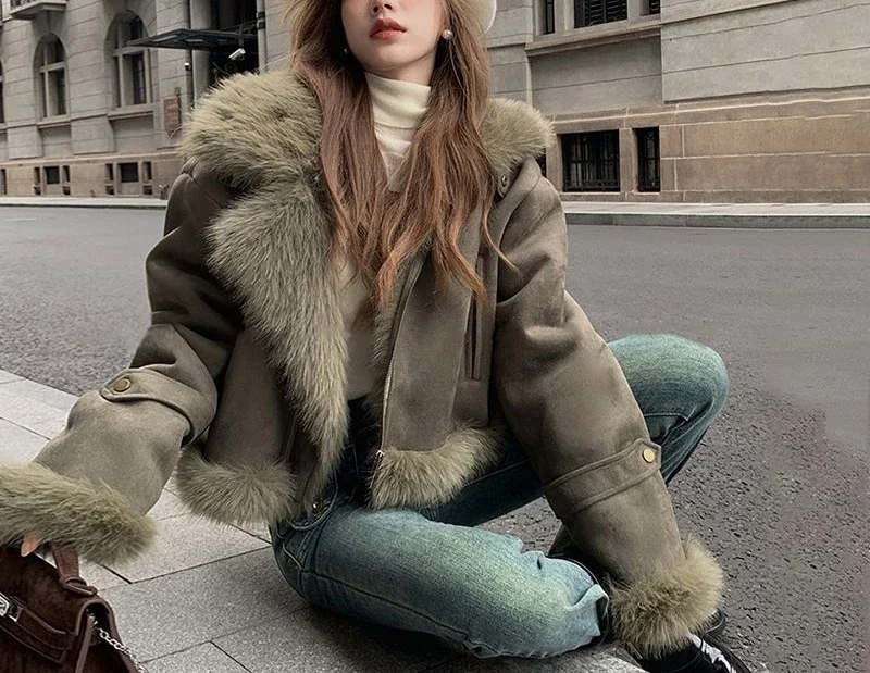 2024 New Fur Integrated Coat Suede Short Motorcycle Wear Women's Look Thin Korean Edition Casual Jacket Winter