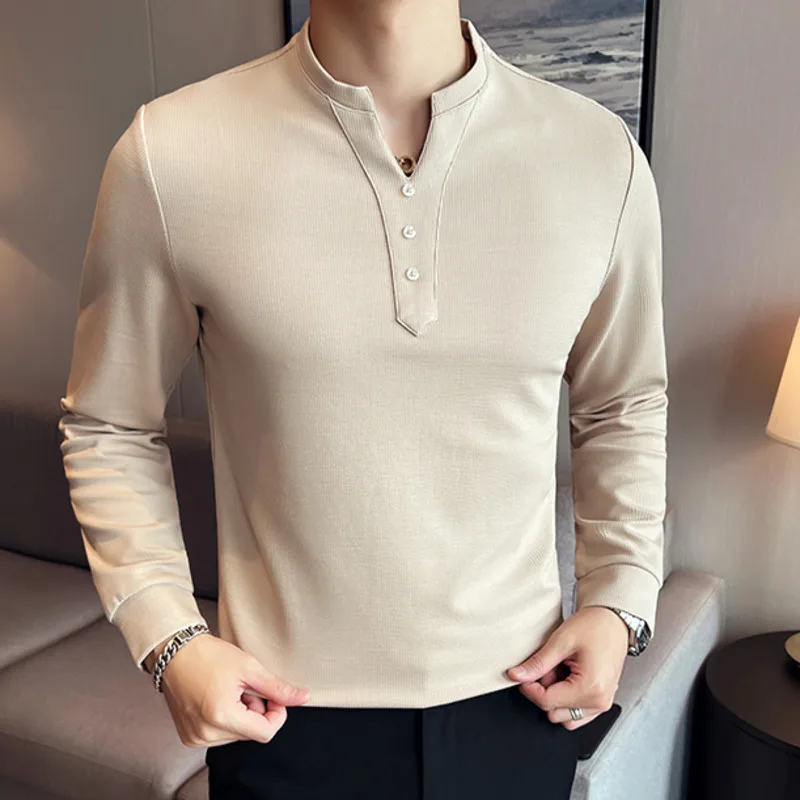 Waffle V-neck Button Decoration Dress Shirt For Men Solid Shirt Camisa Masculina Social Formal Shirt Busniess Dress Slim Shirt