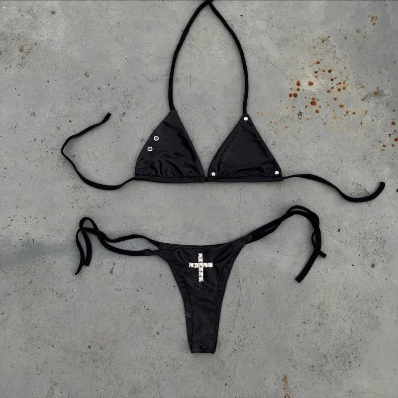Summer women's bikini set with camisole, triangle tie, side bikini top, cross Gothic punk Y2K