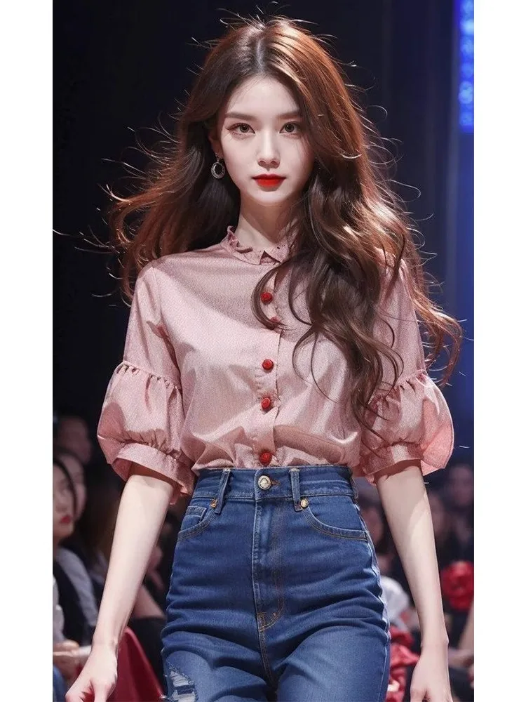 New Chinese Style Summer Women's Loose Frock Shirt Beautiful Short Sleeve Chiffon Top Cover Stomach Water Red Color Shirt
