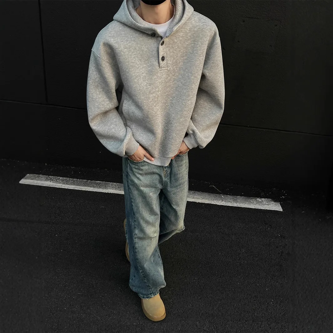 Men's Autumn Winter Button Hooded Sweatshirt High Quality Fashionable Loose Long-Sleeved Pullover
