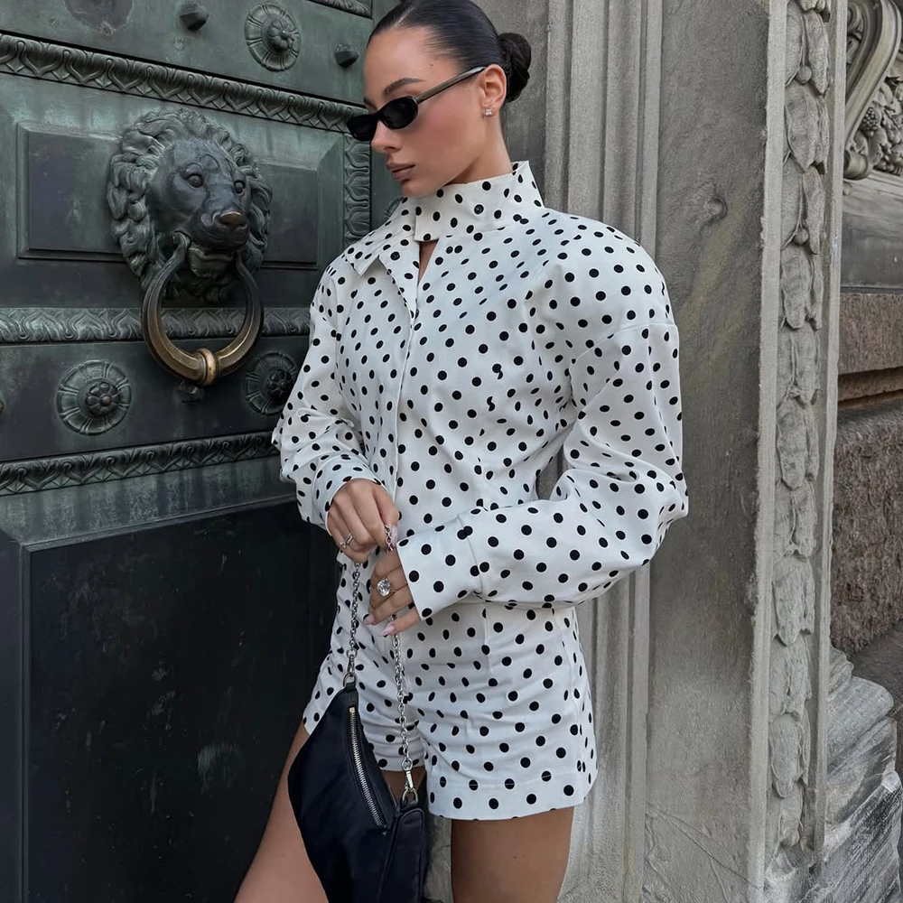 Tuularose レディース ショーツ 2 ピース ファッション ポルカドット コントラスト ジャケット トップ スリム ショーツ セット 高級 エレガント ヴィンテージ パーティー ショーツ セット