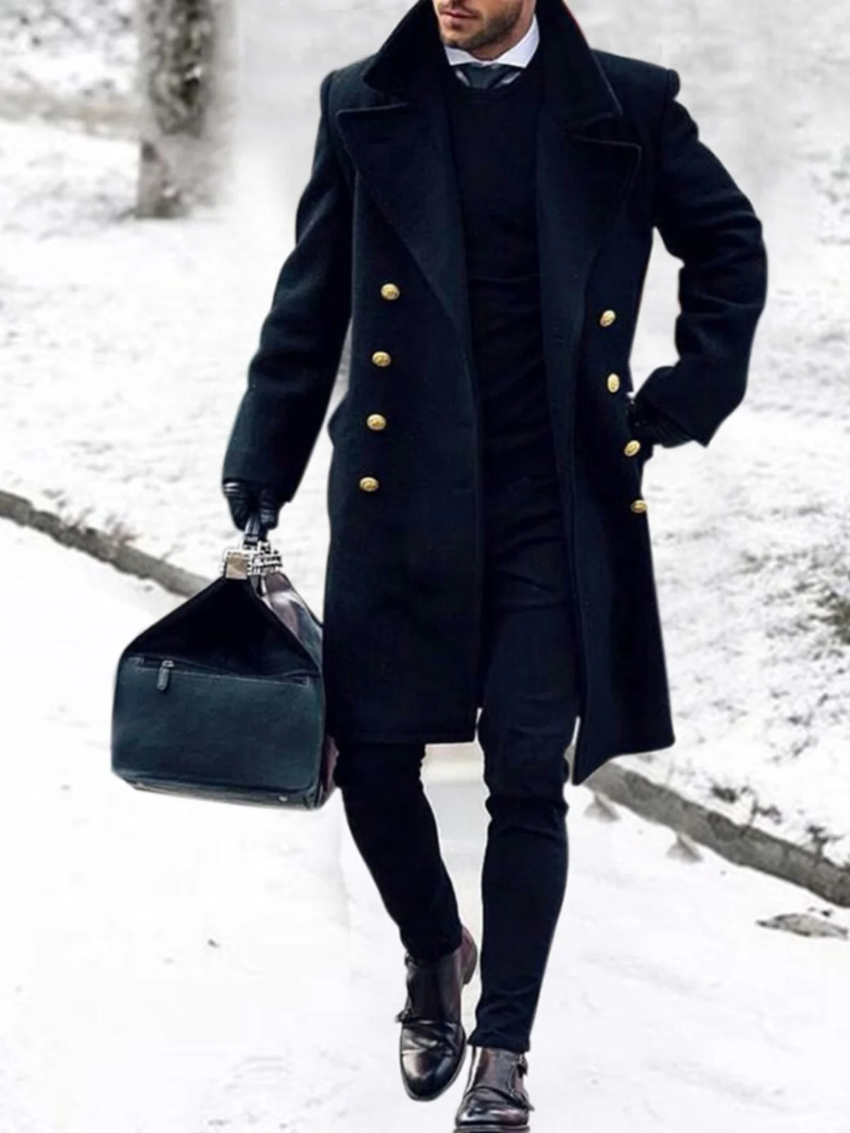 

Modern Thiened Men's Woolen Coat Double Row Buttons Faionable Tailored Sle for Daily Wear Winter Season Pure Color