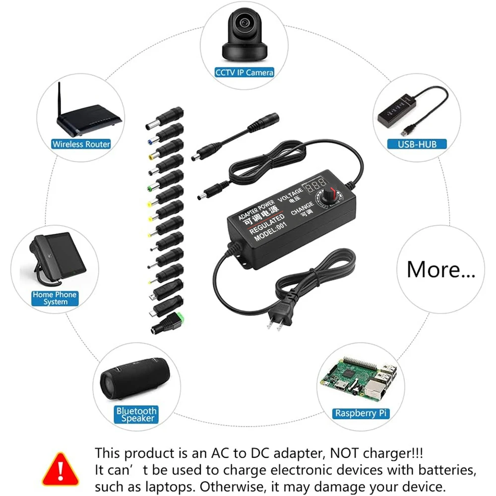 Universal AC to DC Adapter 48W Adjustable Voltage 3-24V 2A with LCD Display 14 Tips Polarity Converter Best for Household Electr