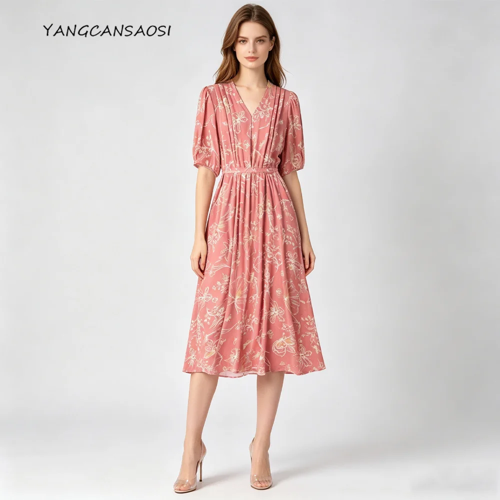 Women's Summer New 100% Natural Mulberry Silk Double Crepe Butterfly Meticulous Painting V-neck Lantern Sleeve Drawstring Dress