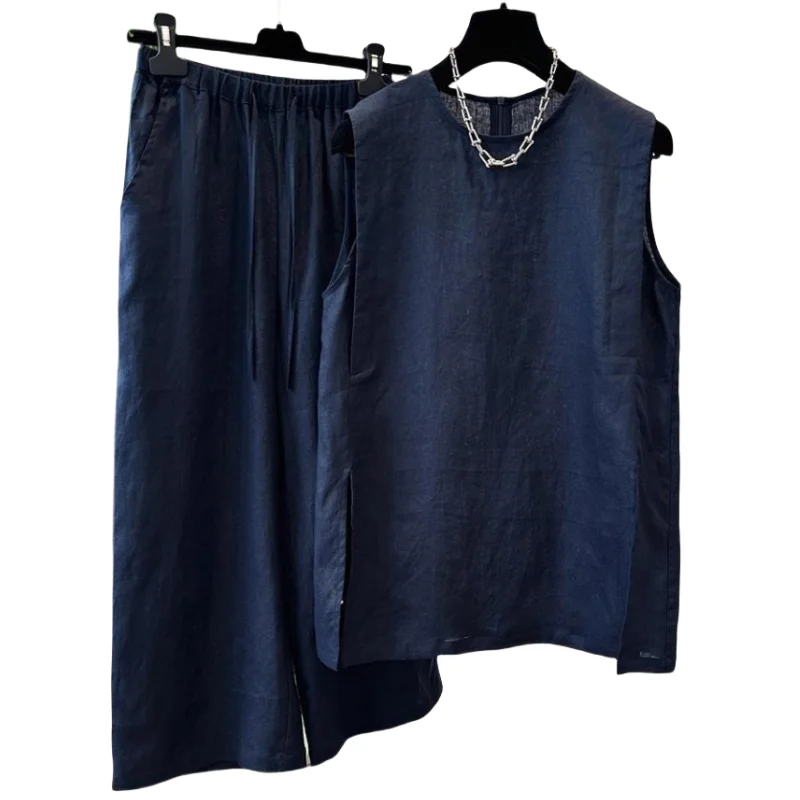 SuperAen 2025 Summer New Thin Navy Blue Sleeveless Pullover Vest Temperament Simple Loose Wide-leg Pants Fashion Two Pieces Sets