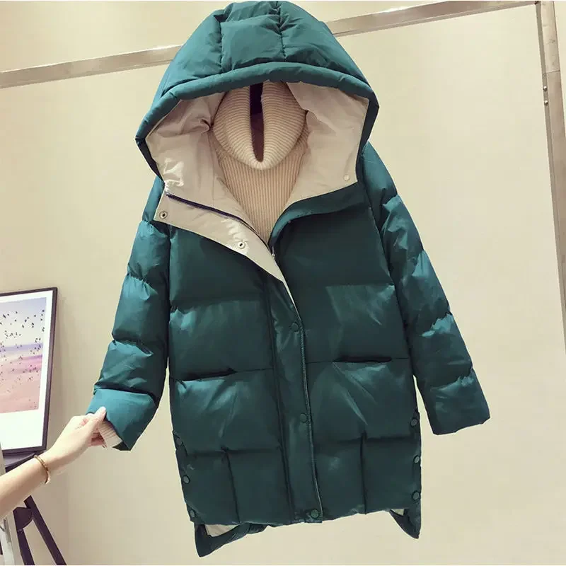 Cotton Coat Women 2023 New Winter Down Cotton Jacket Medium Long Thick Overcoat Loose Parka Solid Color Bread Suit Hooded Outer
