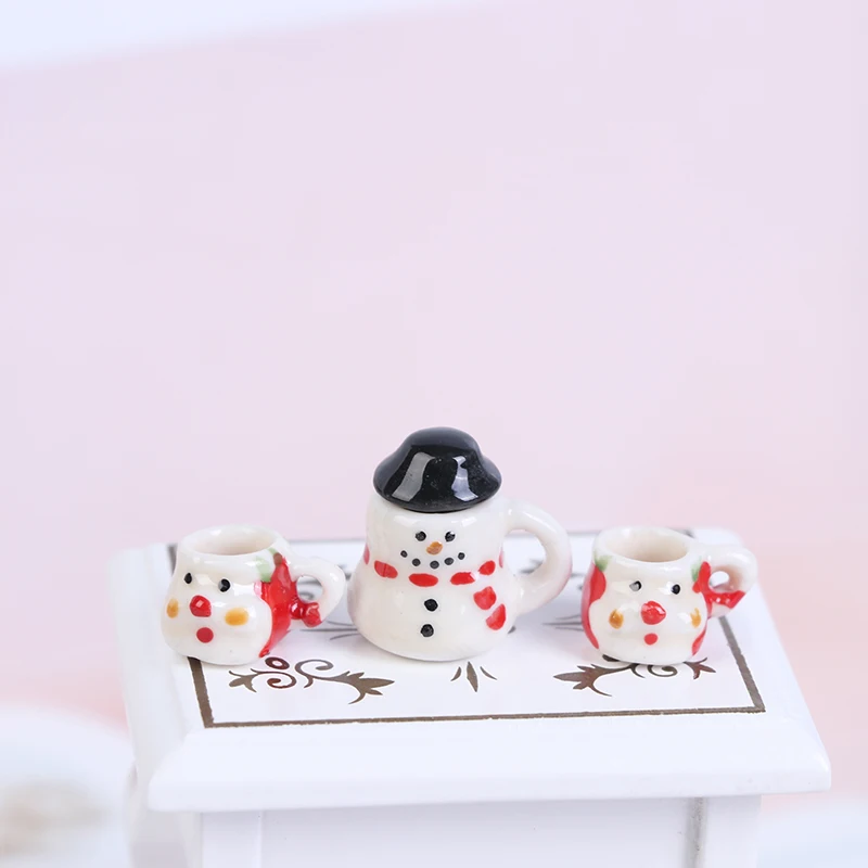 ตุ๊กตามินิเซรามิคคริสต์มาส Snowman ชุดตุ๊กตา House Miniature ถ้วยและชุดหม้อทิศทางเฟอร์นิเจอร์ของเล่น