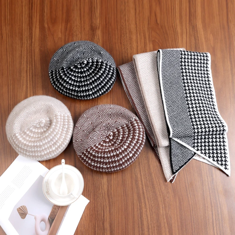 100% Pure Wool Houndstooth Scarf Beret Two-Piece Set Autumn Winter Versatile European and American Style Women's Neck Warmer