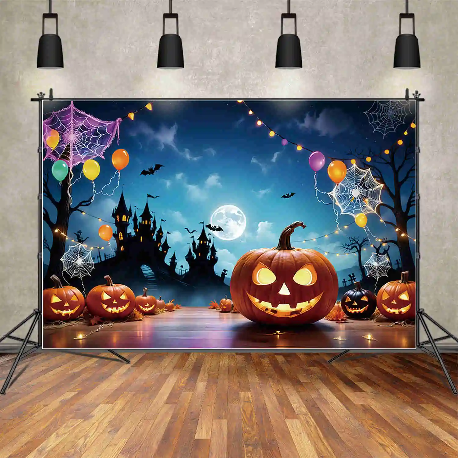 MOON.QG Halloween Party Child Photography Backdrop Pumpkin Balloon Castle Photographic Background Outdoor Photo Studio Back Drop