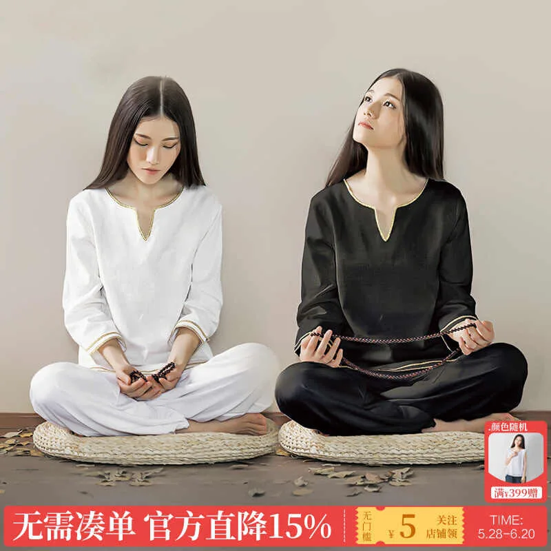 Zen/Yoga Practice uniform for Women - Loose-Fit Linen/Cotton Two-Piece White Buddhist Meditation Outfit,Wushu Kungfu Taiji set view 3