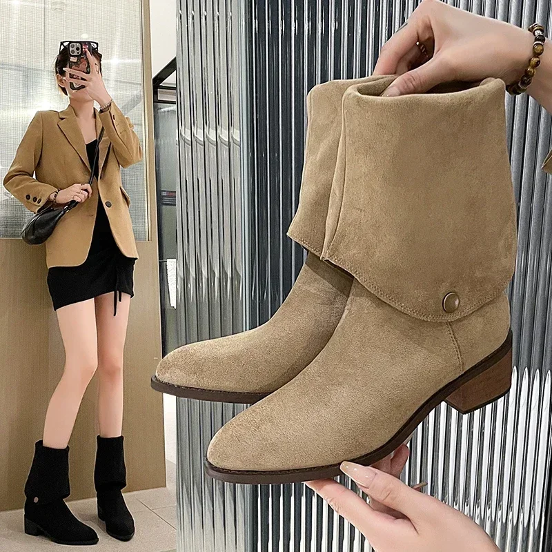 Retro Style Women Western Cowgirl Boots Fashion Slip On Shoes Autumn Winter Square Low Heel Ladies Knight Long Booties large siz