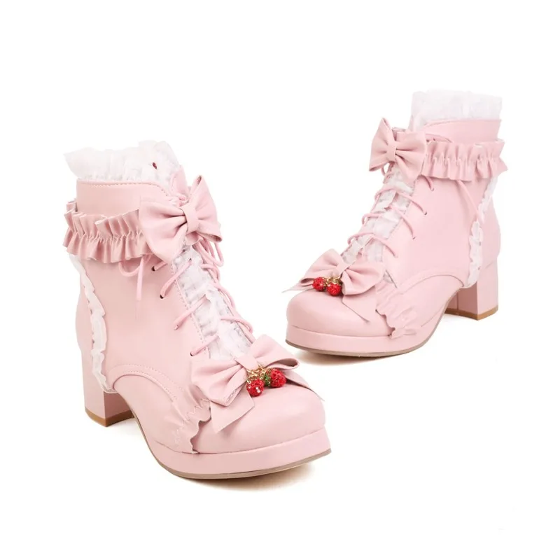 Ladies Ankle Boots Women Shoes Sweet Ruffles Lolita Lovely Cosplay Platform Girls Mid Heels Booties Woman Pink White Big Size 45