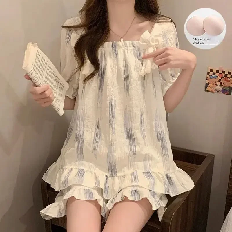 French Aesthetic Women Sleepwear With Built-in Chest Pads Slash Neck Bow Design Women's Pajamas Set Casual Homewear Loungewear