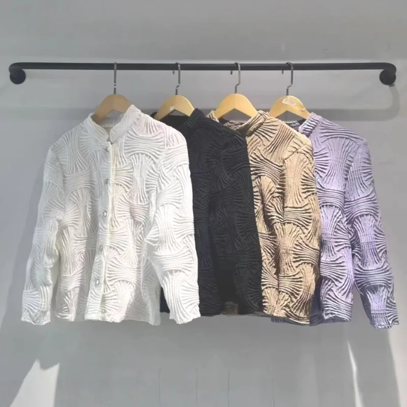 

Осенний новый плиссированный кардиган Miyake с полувысоким воротником, топы, повседневные универсальные женские куртки, модные простые корейские повседневные пригородные куртки