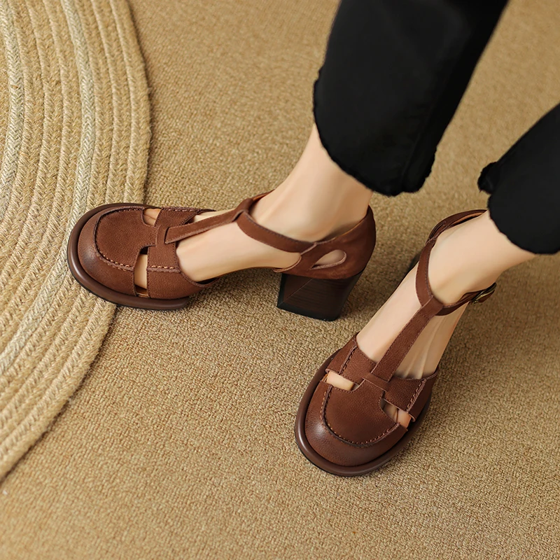 2023 new Women sandals natural leather 22-24.5cm cowhide+pigskin+sheepskin full leather t-buckle hollow out women summer shoes