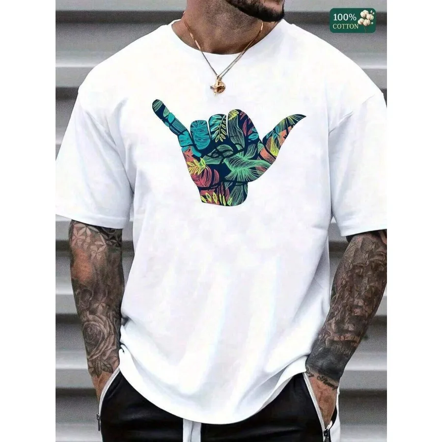 

【New Arrival】Tropical Shaka Hand Hawaiian Floral Graphic T-Shirt | Aloha Vibes White Cotton Short Sleeve Tee