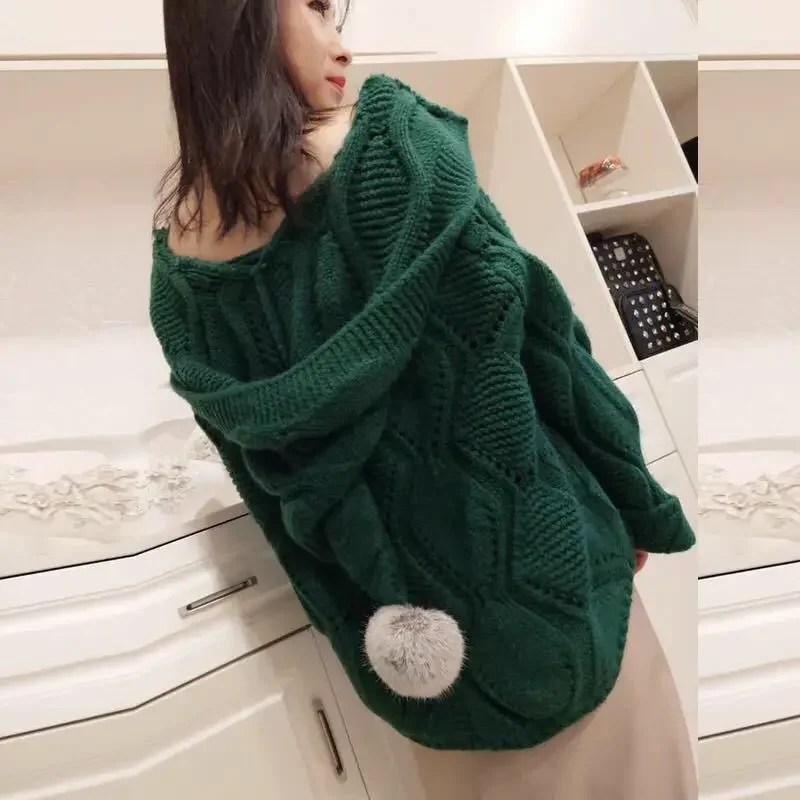 Autumn Winter Women Loose Knitted Cardigan Thin Hair Jacket Fashion Korean Sweater Female 2023 Ball Hat Wild Knit Coats Pink