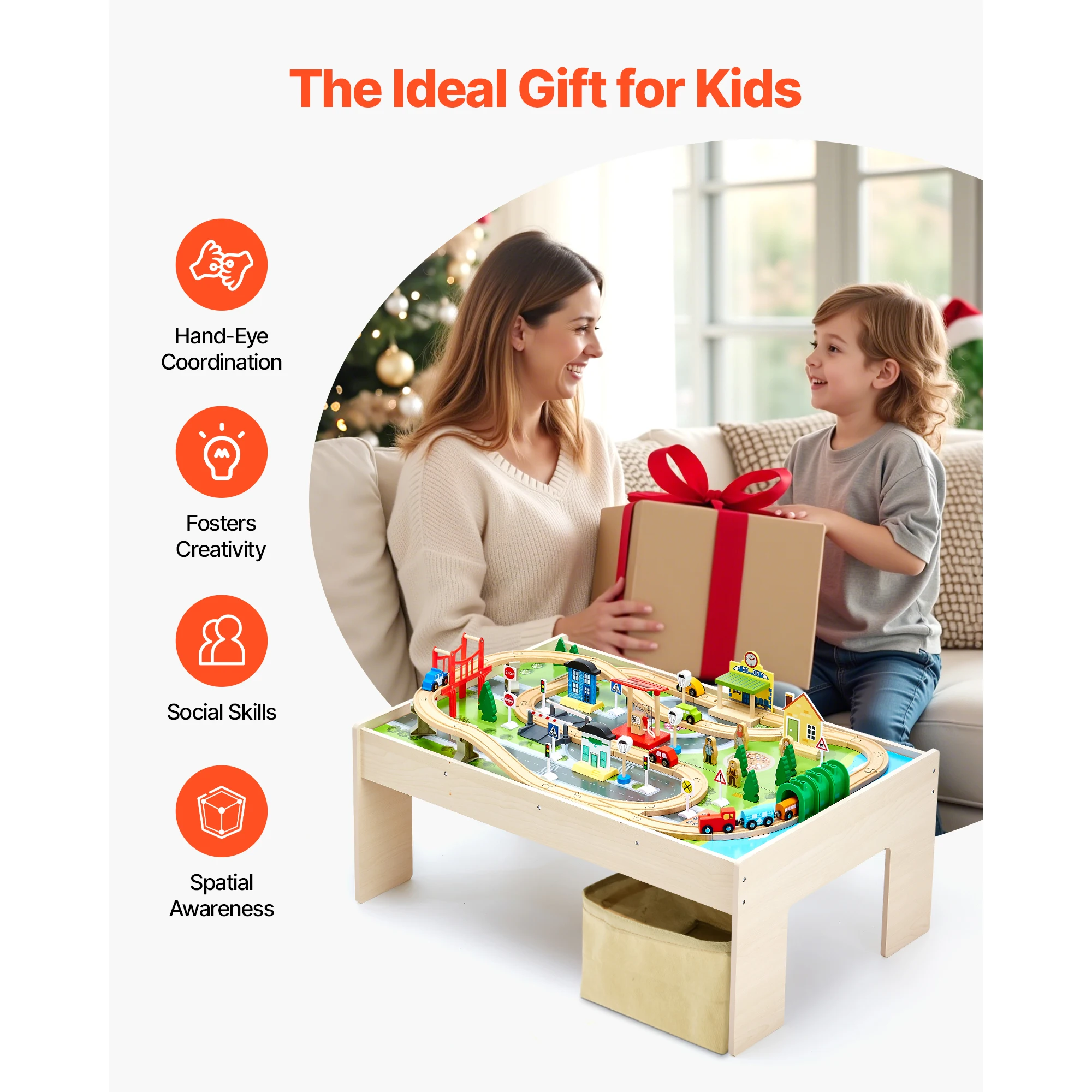 SucceBuy Ensemble de table de train en bois pour enfants 84 Jouets de table de jeu d'activité multicolore avec bac de rangement pour enfants Jouet de dessin de jeu