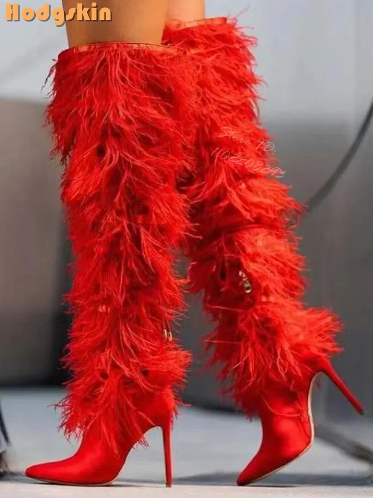 Feather Pointed Toe Stilettos Boots Solid Suede Knee-high Boots Fur Slip-on Thin Heels Catwalk Fashion Shoes Women's New 2025