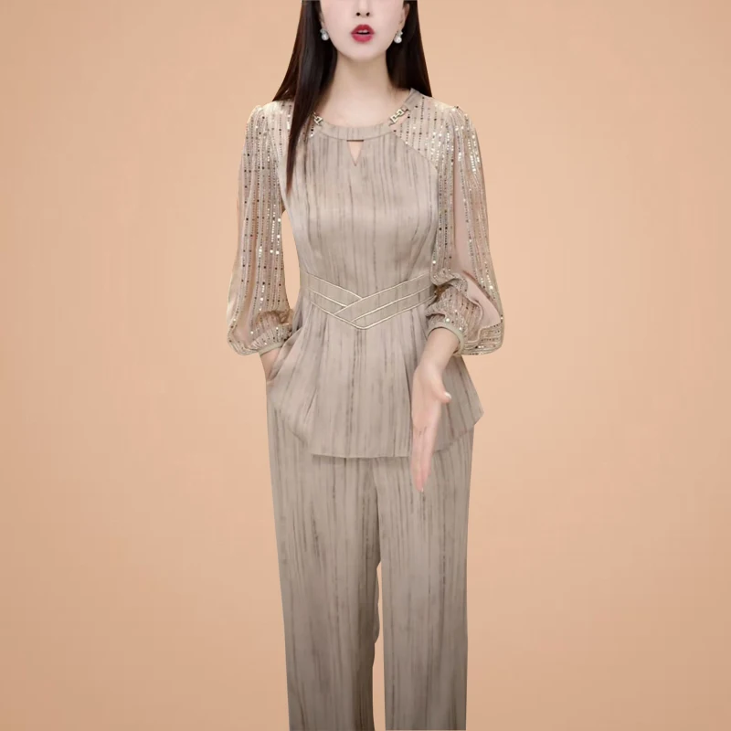 

Women in spring 2025 new High end temperament noble elegant top+Casual wide leg pants fashion trends two-piece set