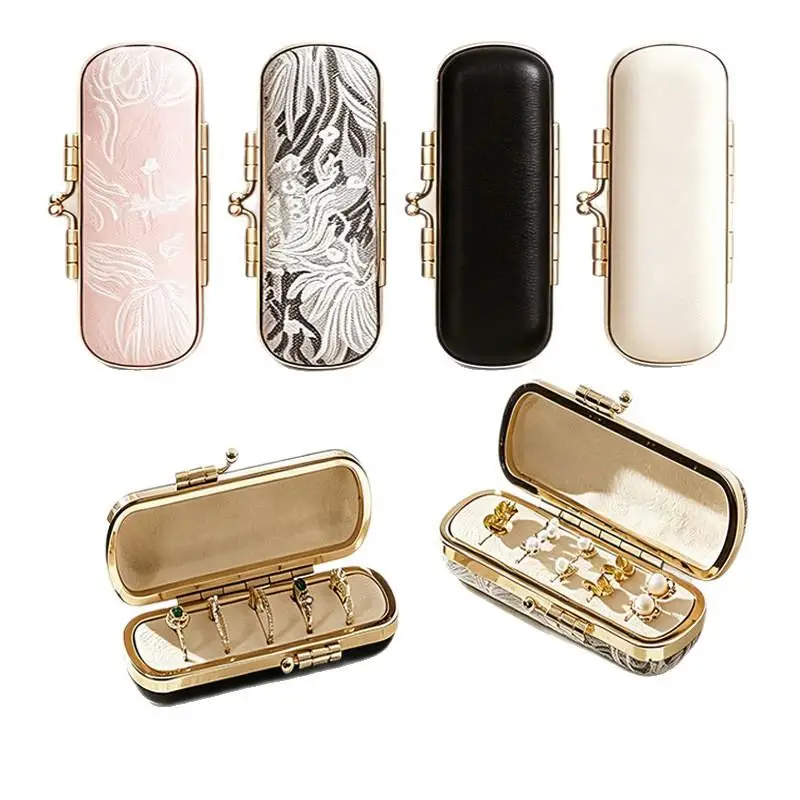 Kiss-Lock-Verschluss Mini-Ringbox mit Samtfutter, Kunstleder-Außenmaterial, Ohrring-Organizer mit goldfarbenem Metallbesatz – Detail 5