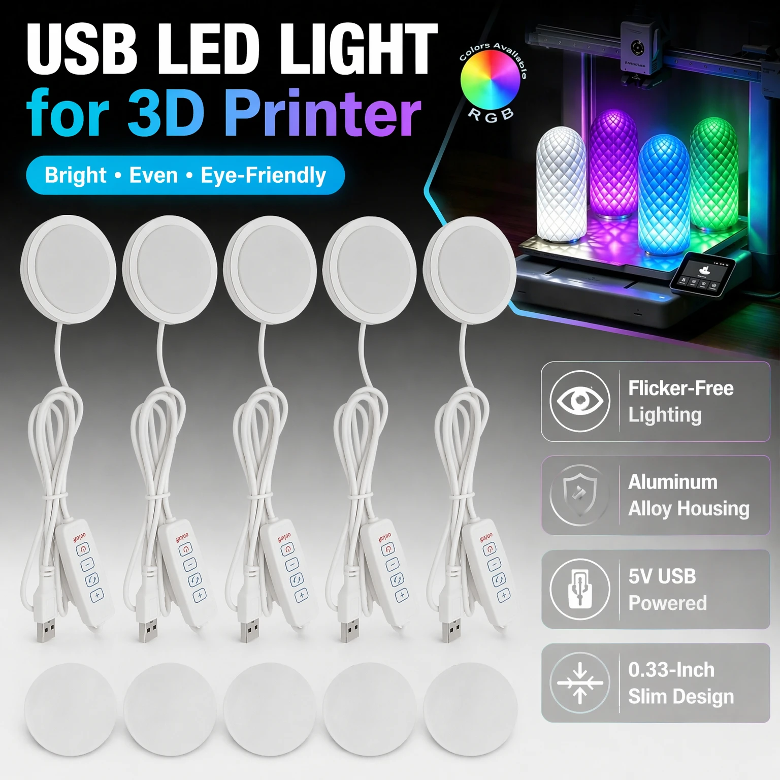 

For Bambu Lab LED Lamp Kit 001 Maker Supply 3D Printing Parts DIY Model 5V USB Bivolt Warm/Cold White Light For Desktop Gamer